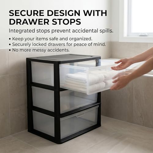 Black Wide 3-Drawer Storage Tower with Removable Clear Bins, Tool-Free Assembly