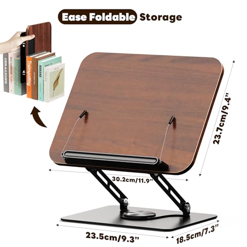 Abiglifty Book Stand for Reading,Adjustable Book Holder with 360¡Æ Rotating Base,Foldable Book Holder Stand for Cookbook,Textbook,Tablets, Laptops (Dark Wood)