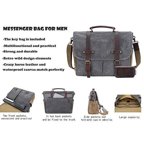 Messenger Bag for Men, Waterproof Genuine Leather Waxed Canvas Briefcase 15.6 Inch Laptop Larger Shoulder Bag with Key Bag
