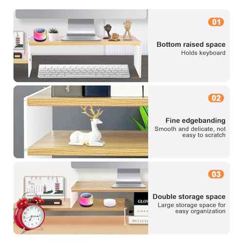 YGYQZ Wood Adjustable Monitor Riser for Desk, 2 Tier Dual Monitor Stand with Acrylic Legs Office Desk Shelf Organizer for Laptop, PC, Printer, Computer (wood-wavy)