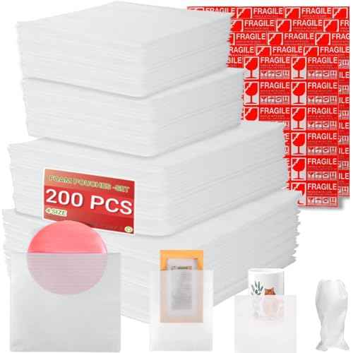 Moving supplies,200Pack Cushion Foam Pouches, Packing Supplies for Moving, Packing, Transportation and Storage, Incidental 120Fragile Stickers (16X16, 12X7.5, 10X10, 7.5X7.5)