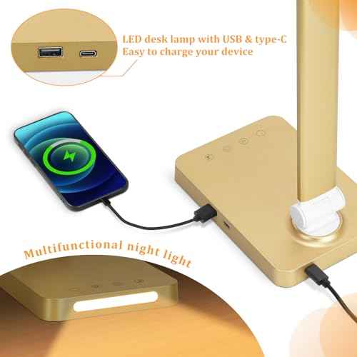 LED Desk Lamp with USB Ports,Touch Desk Lamps for Home Office with 5 Color Modes,3 Brightness Desk Light with Small Night Light,Reading Lamp Table Lamp for Bedroom Bedside Study Gold £¨with Adapter£©