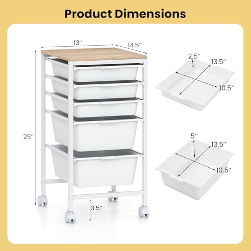 COSTWAY Rolling Storage Cart with 5 White Drawers, Wooden Top