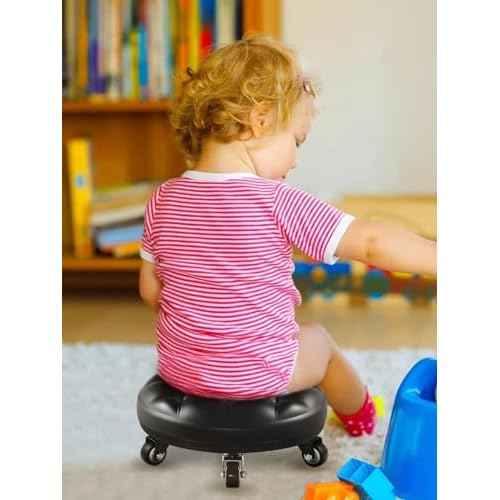 Lanstics Low Roller Seat Wheel Stool Chair PU Leather Rolling Stool Seats on Wheels for Home Office Fitness Round Roller Seat Stool (Black)