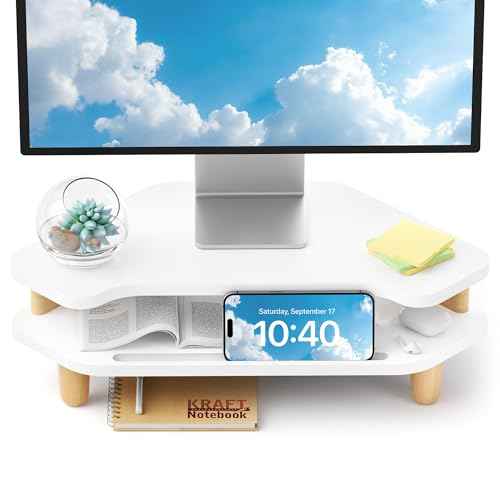 Monitor Stand Riser,2 Tier Corner Wood Monitor Stand Sturdy Computer Stand Multi-Purpose Desktop Storage Stand for Laptop,PC,iMac,Printer,Computer,White