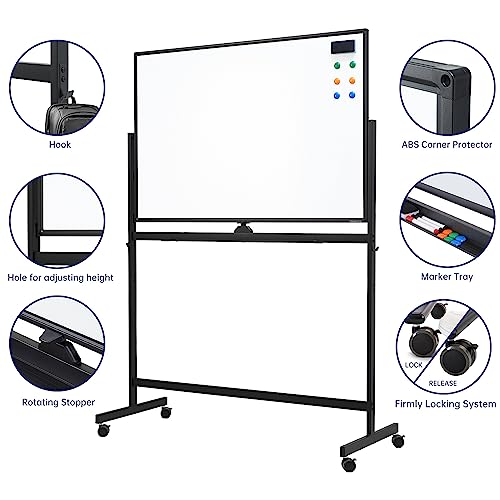 TSJ OFFICE Black Large Rolling Whiteboard - Magnetic Dry Erase Stand, Height Adjustable, Double Sided, 48x32 Inches