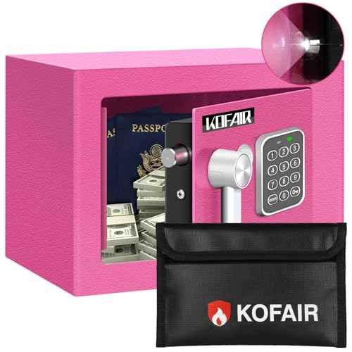 Safe Box for Home Safe (0.23 Cubic Feet) with Fireproof Bag, Personal for Money Safe for Cash Saving, Mini Safety with Key, Digital Safety with Light, Money Lock Box (Pink)