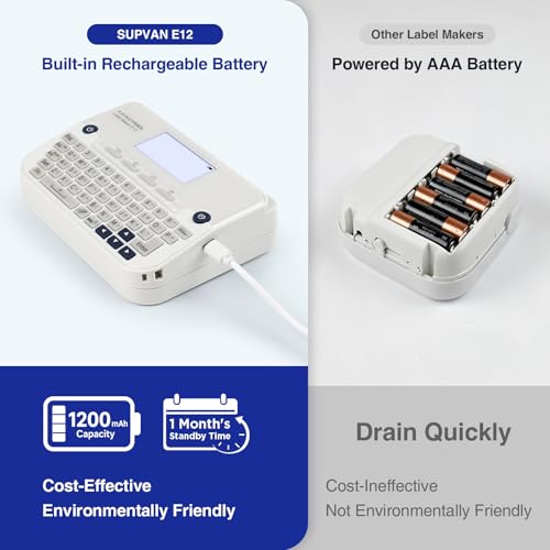 SUPVAN E12 Bluetooth Label Maker with 4 Tapes - White, Fast Printing & App Control