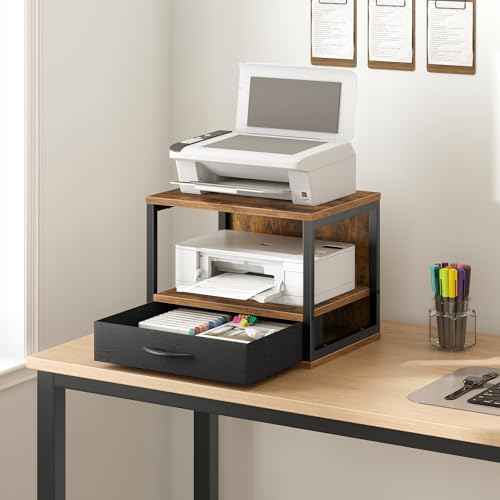 HOOBRO 2-Tier Desktop Printer Stand with Drawer, Under-Desk Printer Table with Storage Shelf, for Home Office, Kitchen, Fax Machine, Scanner, Rustic Brown BF07PS01