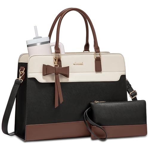 LOVEVOOK 15.6 Inch Leather Laptop Tote Bag for Women, Waterproof Office Work Bag, Black-White-Brown