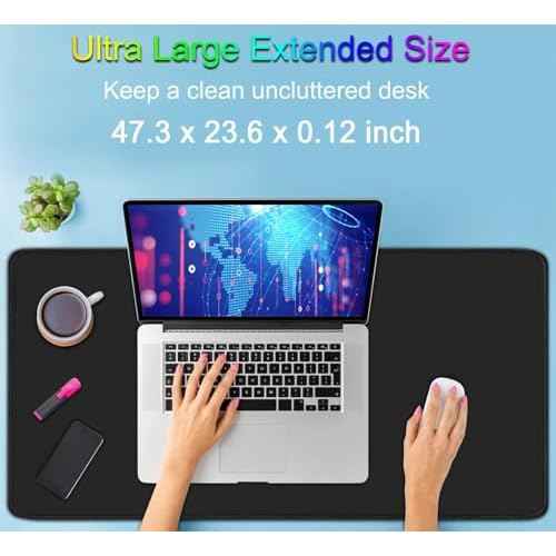 Large Extended Gaming Mouse Pad with Stitched Edges, 47.3 X 23.6 in Desk Pad Durable Non-Slip Natural Rubber Base, Waterproof Computer Keyboard Mat for Esports Pros, Gamer, Desktop, Black