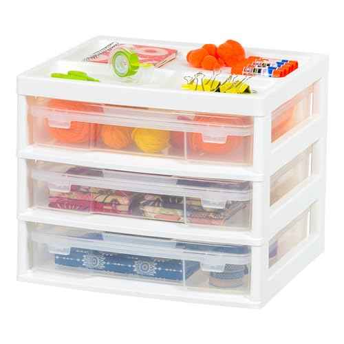 IRIS USA Fits 12" x 12" Paper, 3-Tier Desk Top Storage Unit with Organizer Top, for Office Art & Craft Supplies, Pens Pencils Sticky Notes Paper Clips, 3 Clear Cases w/Built in Handle - White/Clear