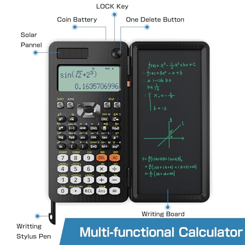 Scientific Calculators for Students 991ES Office Calculators Desktop, ROATEE 4-Line Display Calculator with Erasable LCD Writing Tablet, Solar Battery Power with Notepad Calculator for School