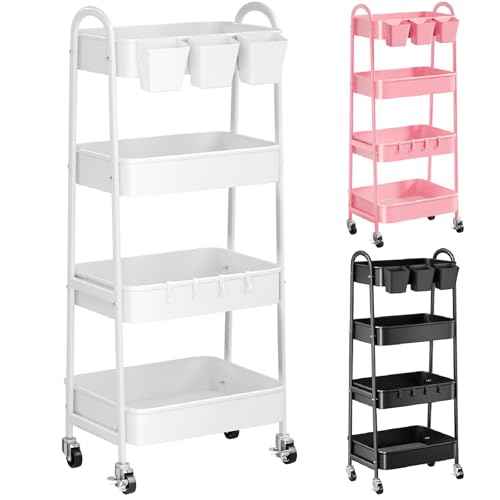 4 Tier Heavy Duty White Metal Rolling Cart with Lockable Wheels,Utility Storage Organizer Carts, Four Tier Roller Book Snack Cart for Kitchen, Bathroom, Garage, Baby Diaper, Craft, Art, Teacher
