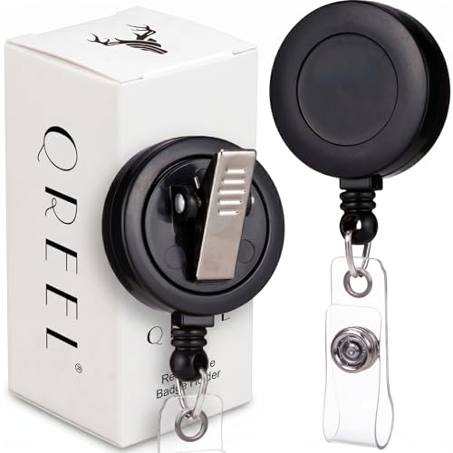 QREEL Black Retractable Badge Reel 2 Pack with 30-Inch Cord & Swivel Clip