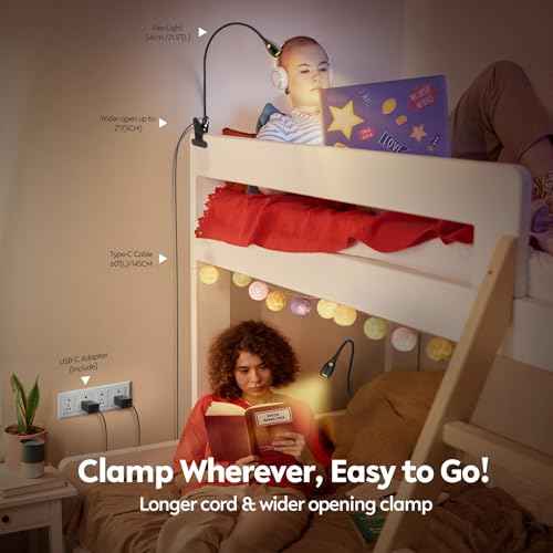acegoo Minimalist Reading Light for Bed Headboard Dimmable Book Light Clip on Lamp with USB-C Adapter, Flexible Gooseneck & Handy Lamp Head Switch, CRI 95+