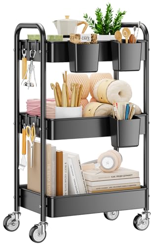 YASONIC Black 3-Tier Heavy Duty Metal Utility Cart with Wheels