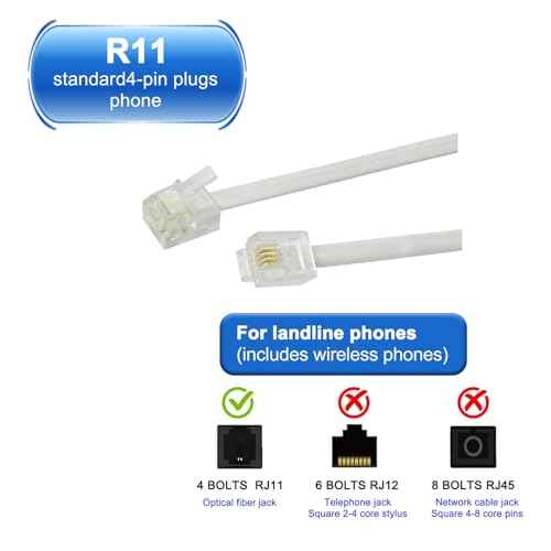 Long Telephone Extension Cord 20 FT, White, Phone Cable Line Wire with Standard RJ11 Plug, 1 Phone Line Splitter, 1 in-line Coupler and 15 Cable Clips for Telephone Calling Communication