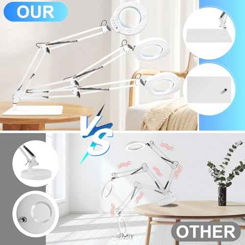 2-in-1 Desk Lamp & Clamp Light, 10X Magnifying Glass with Light and Stand, 5 Color Modes 10 Brightness Dimmable LED Desk Lamp,14.5inch Adjustable Swing Arm for Reading Crafts Painting Close (White)