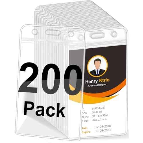 KTRIO 200 Pack Badge Holders - Vertical Clear ID Badge Holder with Waterproof Resealable Zip for Proximity Cards, RFID, Credit Cards, 2.5" x 3.4"
