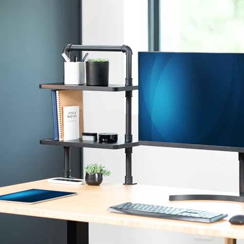 VIVO Clamp-on Premium 16 inch Industrial Pipe 2-Tier Tabletop Shelving, Heavy Duty Desk Extension Organizer, Modern Desktop Display Shelf, Black Shelves, DESK-SHELF16-2B