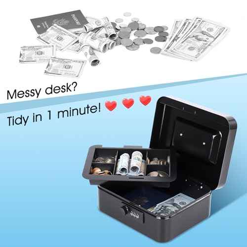 KYODOLED Cash Box with Combination Lock Safe Metal Money Box with Money Tray for Security Lock Box 7.87"x 6.30"x 3.35" Black