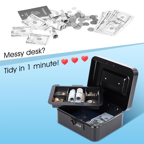 KYODOLED Metal Cash Box with Combination Lock & Money Tray - Secure Safe for Home, Office & Events, Ideal for Cash, Meds & Small Items, 7.87" x 6.30" x 3.35", Black, 4PACK