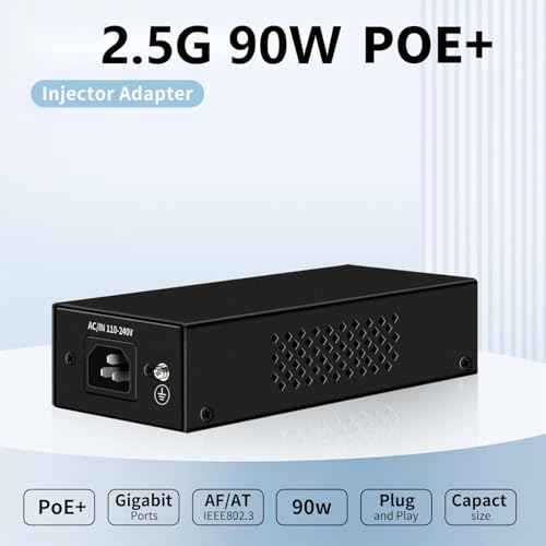 PoE Injector Up to 90w Power Supply, 2.5 Gigabit PoE Adapter for IP Cameras and VoIP Phones Network Distance Up to 328 ft. PoE Power Supply IEEE 802.3af Compliant Plug & Play Desktop UL Certified