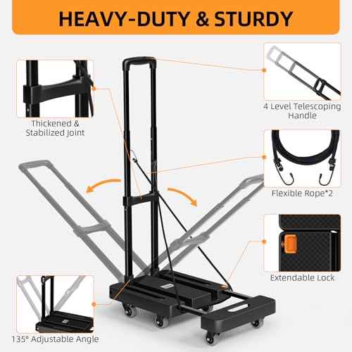 Folding Hand Trucks, Heavy Duty Dolly Cart with 6 Wheels & 2 Elastic Ropes, Foldable & Ideal for Luggage, Travel, Moving, Shopping, Office Use, Hold Up to 500 LB, Easy to Store, Black