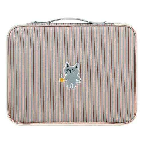 Stripe Kitty Laptop Pouch with Handle | Vintage-Inspired Fabric Cute Notebook Case Sleeve for Women (Blue x Red, 13 inch)