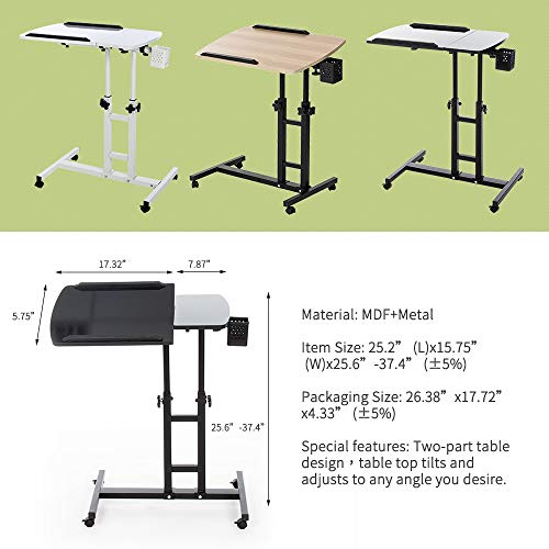 Bedside Table with Wheels, Height-Adjustable Laptop Desk, Computer Workstation, Bed Side Table, Tiltable Table and Mouse pad for Laptop-Light Brown