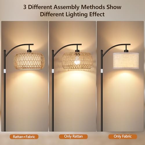 ROTTOGOON Rattan Floor Lamps for Living Room, Boho Standing Lamps with Rattan& Linen Double Shades, Arc Lamps Floor Standing with 9W Bulb, Foot Switch, Bohemian Floor Lamps for Bedroom, Office-Black
