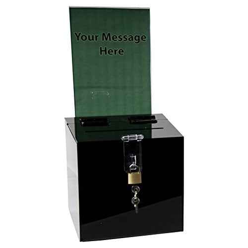 Clear-Ad - Acrylic Donation, Ballot, Raffle or Suggestion Box with Lock and Removable Sign Holder - Plastic Comment or Compaint Container - Plexiglass Multipurpose Box with Slot - Black (6x6)