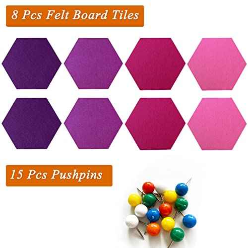 8Pcs Hexagon Felt Cork Board Tiles, Self Adhesive DIY Bulletin Board Pin Board for Office School Home Wall Decor Stickers Memos Photos Display (Gradual Purple)