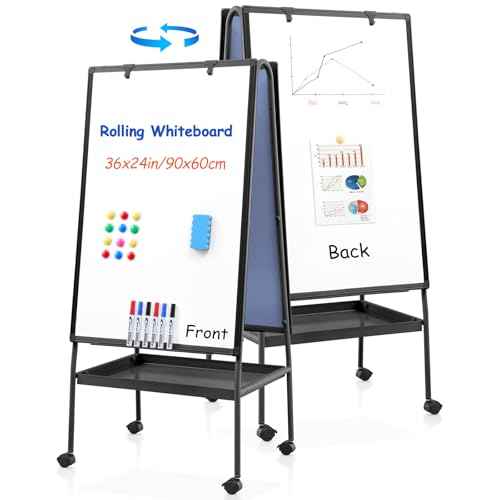 MAKELLO Rolling Whiteboard on Wheels 36x24 in, Double Sided Mobile White Board with Storage Tray for Office School Home, Magnetic Classroom Easel for Teacher, Height Adjustable, Aluminum Frame, 3'x2'