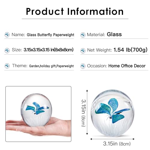 EUSTUMA Hand Blown Glass Butterfly Paperweight - Office Desk & Home Decor Collectible