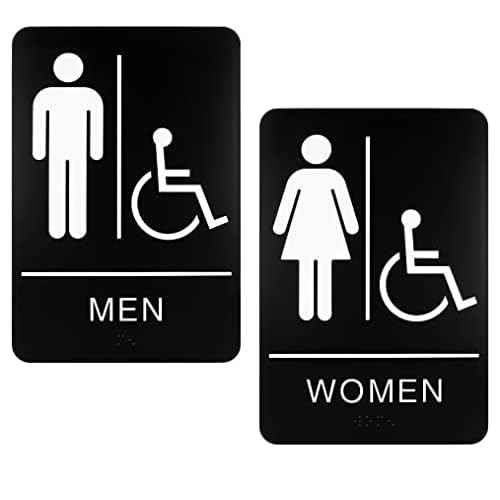 ExcelMark Restroom Sign for Business - ADA Compliant Braille Bathroom Sign with Double Sided Tape to Secure Perfectly in Less Than a Minute - Size 9 x 6 Inch (Men's & Women's Handicap Set)