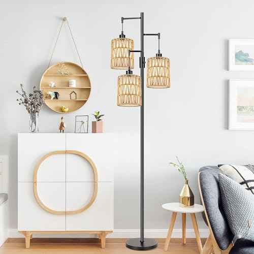 Boho Floor Lamp for Living Room Bedroom-3 Light Dimmable Floor Lamp with Three Led Bulb, Rustic Tall Lamp Black Standing Lamp Tree Floor Lamps for Living Room Bedroom,Office,Corner