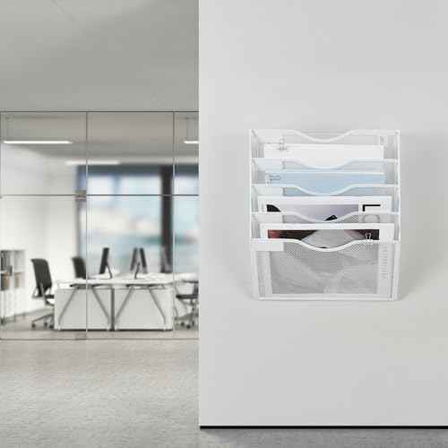 Hanging Wall File Organizer with Office Assorted, 5 Pockets Mesh Wall Mounted File Folder Holder for Mail, Paper, Document, Binder, Magazine, Menu (White)