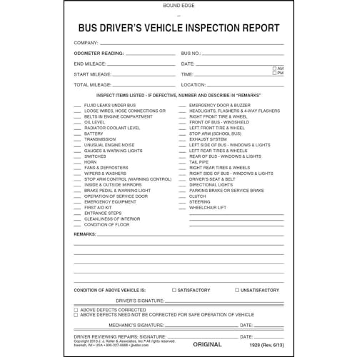 J. J. Keller DVIR Bus Driver Vehicle Inspection Report Set – 5.5 x 8.125, 10-pack
