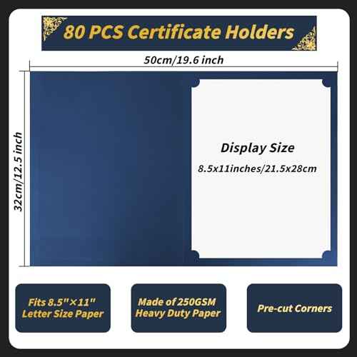 80 Pcs Certificate Holders Bulk, Navy Blue Diploma Covers Gold Foil Border, Document Covers for Letter Size 8.5x11" Award Certificates, Cardstock, Document Papers, Graduation
