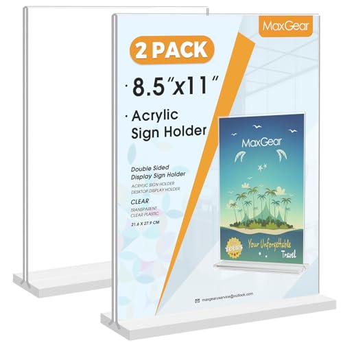 MaxGear 8.5x11 Inch Double Sided Acrylic Sign Holders 2 Pack - Clear Display Stands with Detachable Base