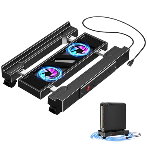 CABTE Black Computer Tower Stand with Charging Station & Cooling System