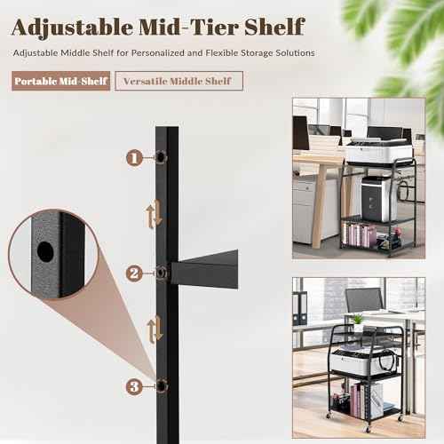 Printer Stand - Large 3 Tier Printer Table with Adjustable Storage Shelf - Rolling Cart with Wheels -Stable Desk for Home Office Use (Black)