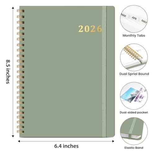 2026 Planner, Weekly and Monthly Calendar Planner Book, January 2026 - December 2026, Hardcover Spiral Planner with Monthly Tabs, Notes Pages, Perfect for Women & Men, A5 (6.4" x 8.5") - Green