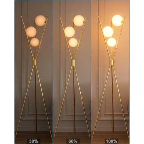 Lightdot Globe Dimmable Floor Lamp Gold Tripod Standing Lamps with 3PCS 3000K G9 Bulbs Stable Based Mid Century Modern Floor Lamp for Living Room/Bedroom