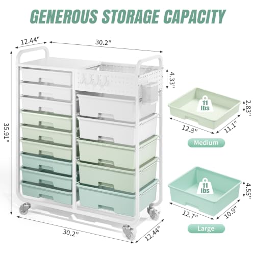 APEXCHASER 14-Drawer Rolling Storage Cart with Tabletop & Pegboard – Green