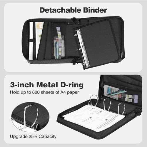 MoKo Zipper Binder with Multi-Pocket, 3 Inch 3 Ring Zipper Binder, 600 Sheet Capacity 6 Tab Expanding File Folder Multi-Pocket Zip Up Binders with Shoulder Strap & Handle for Middle School, Black