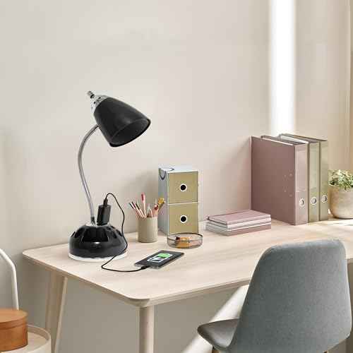 Simple Designs LD1089-BLK 19.5" Swivel & Shine Lazy Susan Desk Lamp with Charging Outlet, for Office, Bedroom, Living Room, Black