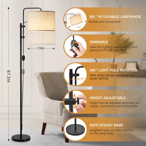 GyroVu Floor Lamp for Living Room, Adjustable Height Standing Lamps with 350¡Æ Rotate Beige Lampshade, 67.5-Inch Modern Tall Lamp Dimmable Floor Lamps for Corner Bedroom Home Office (Bulb Included)